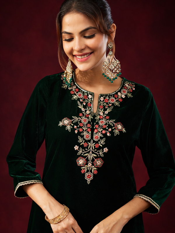 Women's Bottle Green Velvet Yoke Embroidered Straight Kurta Set