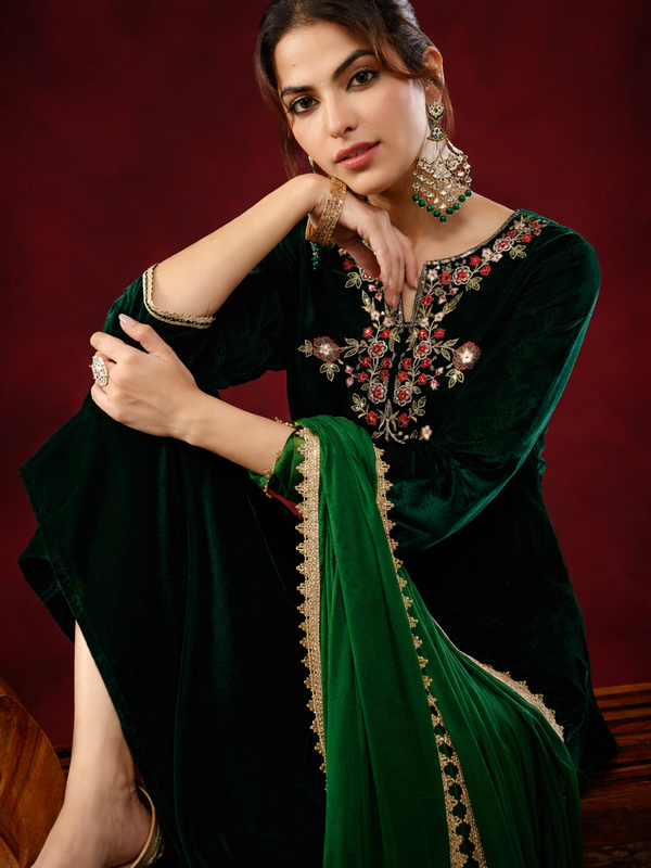 Women's Bottle Green Velvet Yoke Embroidered Straight Kurta Set