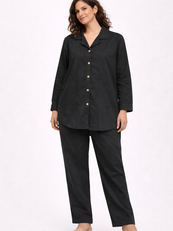 Women Cotton Plain Black Full Sleeves Cord Set