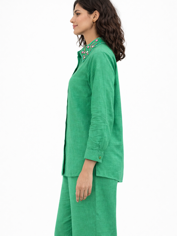 Women Cotton Full Sleeves Green Trophical Green print cord set