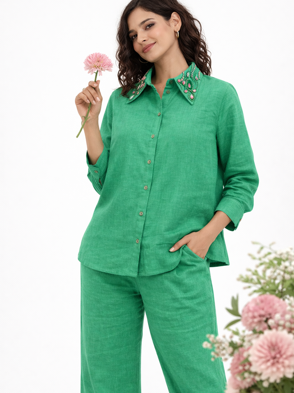 Women Cotton Full Sleeves Green Trophical Green print cord set