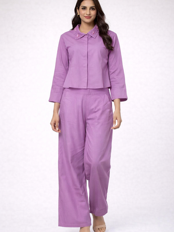 Women Lavender Embroidered Collar Cord Set with Wide Leg Pants