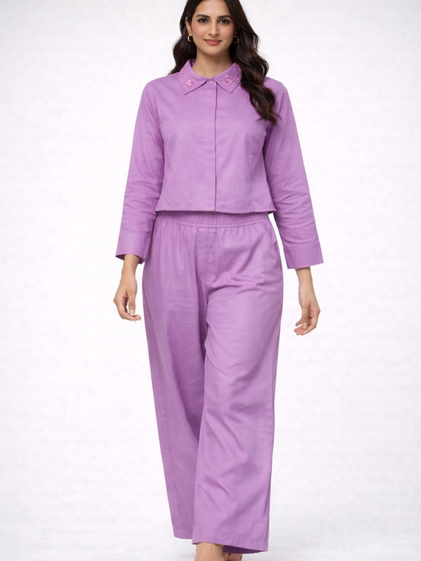 Women Lavender Embroidered Collar Cord Set with Wide Leg Pants
