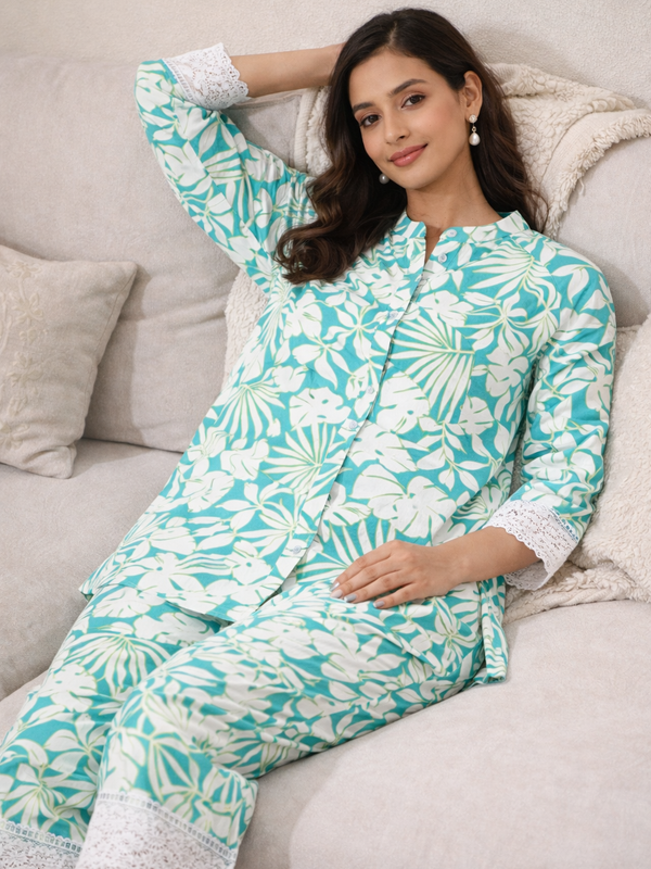 Women Cotton Sea Green Floral Full Sleeves with Lace Chinese Collar Cord Set