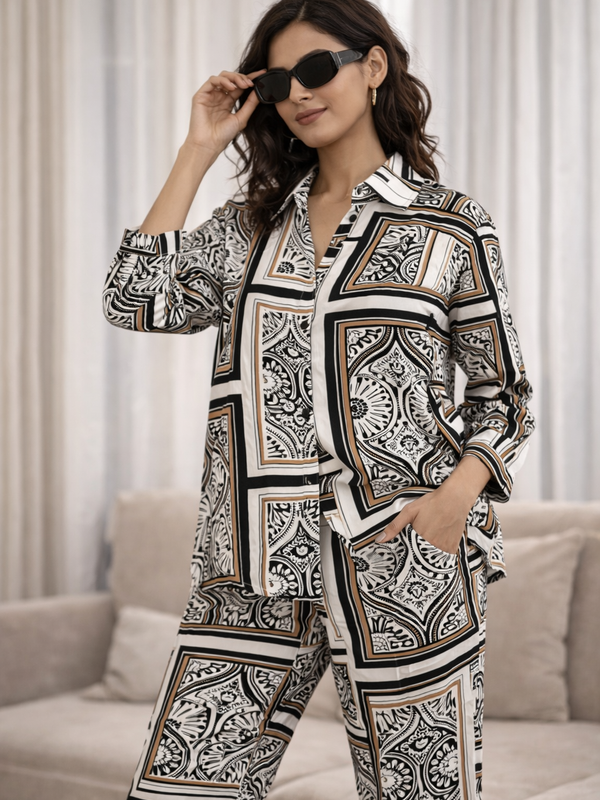 Women Cotton Full Sleeves black and white geometrical print cord set