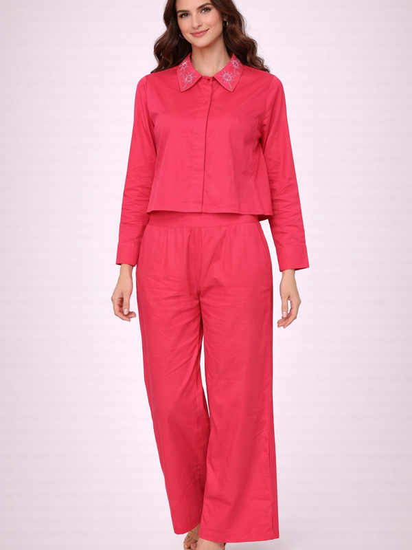 Women’s Magenta Shirt & Pant Co-Ord Set with Embroidered Collar