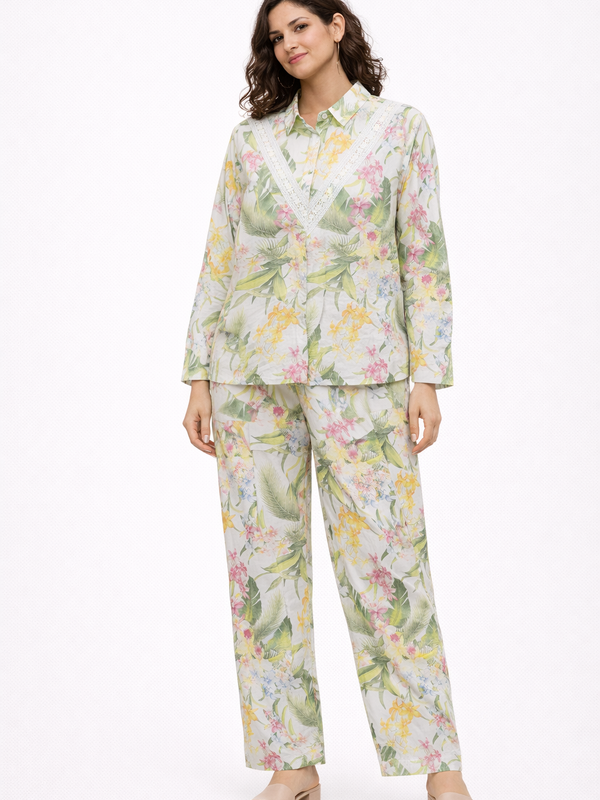 Women Cotton Full Sleeves Green Trophical Green print cord set