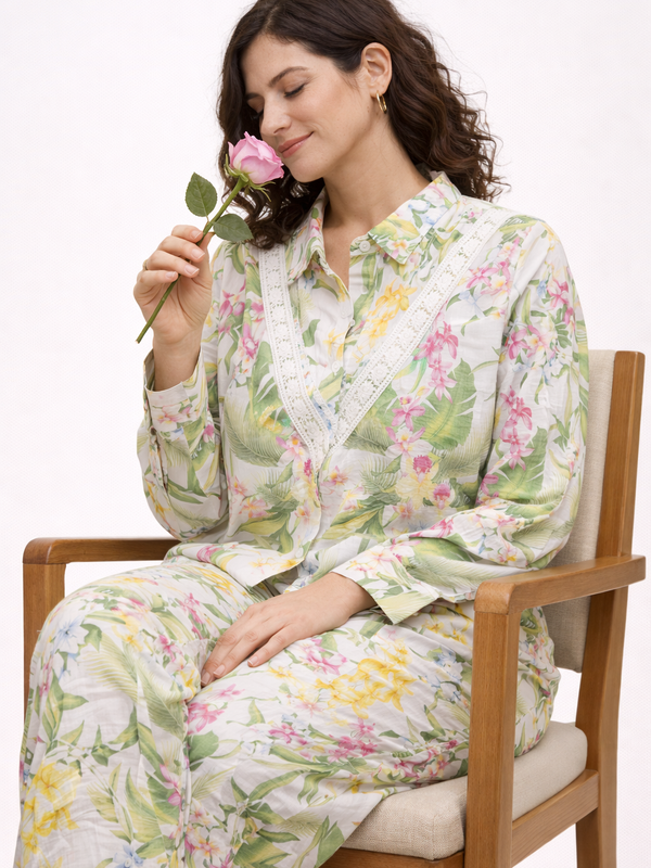 Women Cotton Full Sleeves Green Trophical Green print cord set