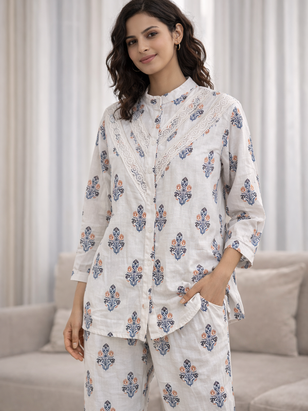 Women Cotton Full Sleeves white printed cord set with lace work