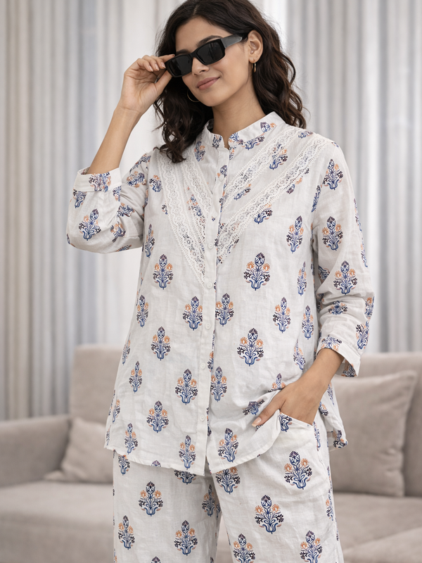 Women Cotton Full Sleeves white printed cord set with lace work