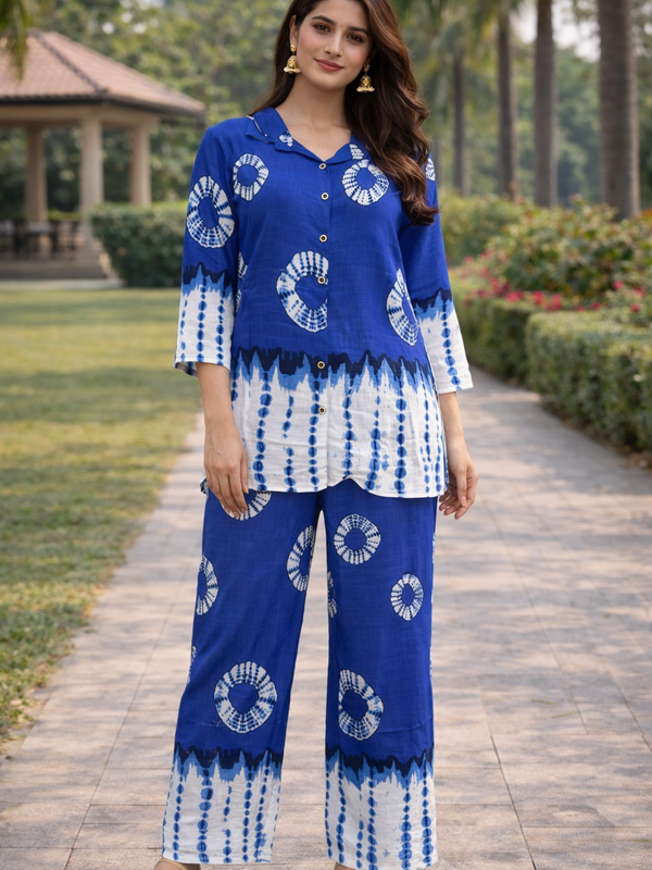 Women Blue Tie-Dye Printed Cord Set with Shirt Collar Top & Straight Pants