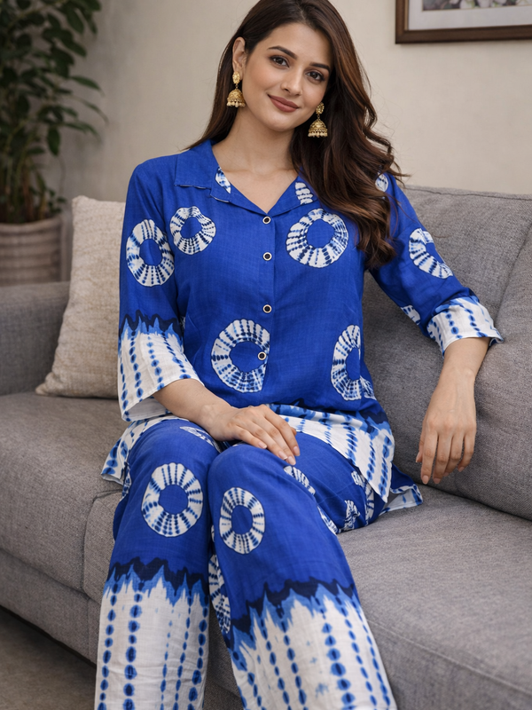 Women Blue Tie-Dye Printed Cord Set with Shirt Collar Top & Straight Pants