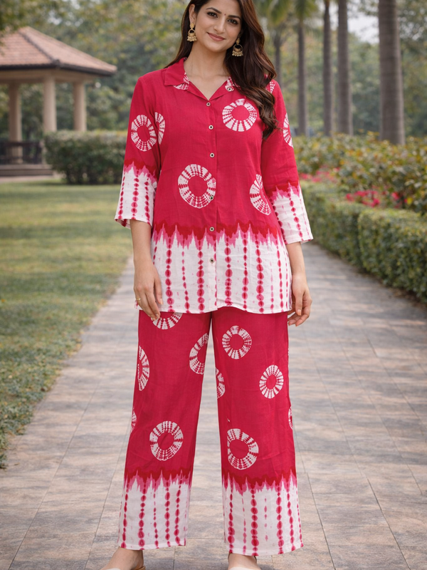 Women Pink Tie-Dye Printed Cord Set with Shirt Collar Top & Straight Pants