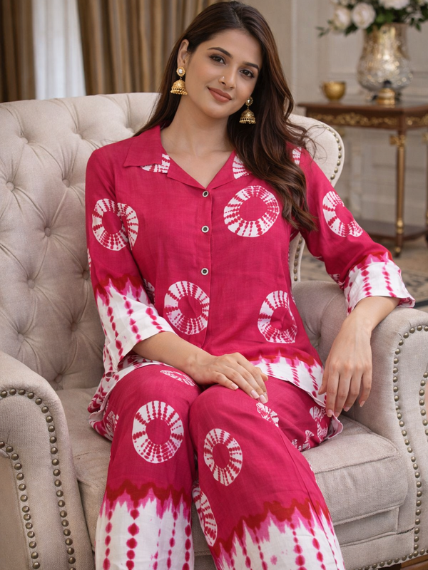 Women Pink Tie-Dye Printed Cord Set with Shirt Collar Top & Straight Pants