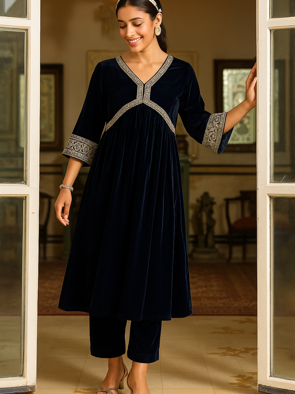 Elegant Women's Velvet Kurta Set with Zari Embroidery with Matching Dupatta and Pants