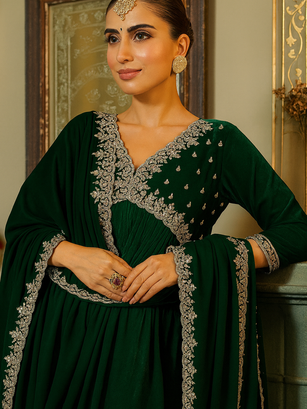 Women's Velvet Zari Embroidered Anarkali Kurta Set