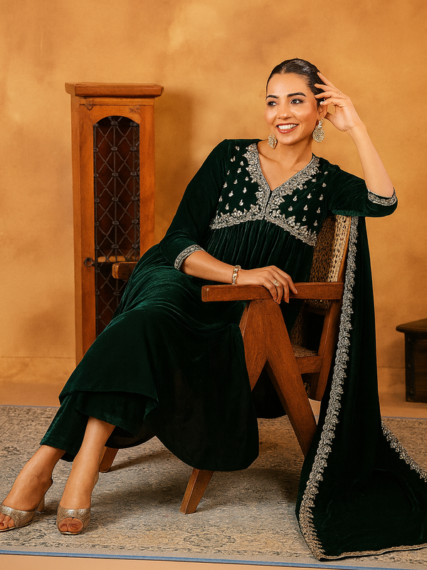 Women's Velvet Zari Embroidered Anarkali Kurta Set