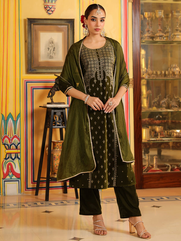 Women's Olive Green Velvet Gold Foil Printed Straight Kurta Set
