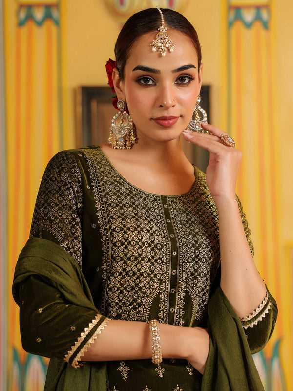 Women's Olive Green Velvet Gold Foil Printed Straight Kurta Set