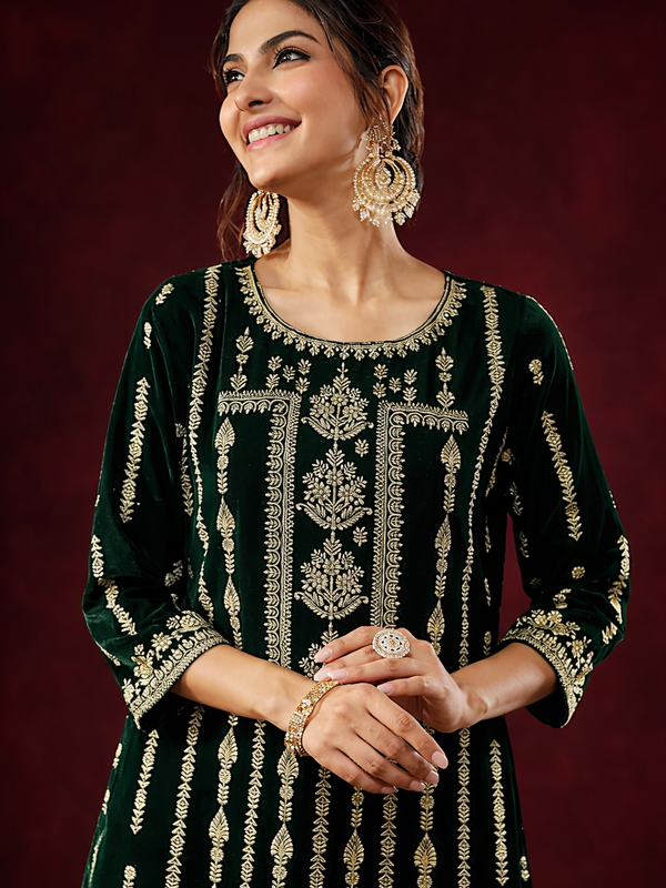 Women's Bottol Green Velvet Embellished Gold Printed Straight Kurta Set