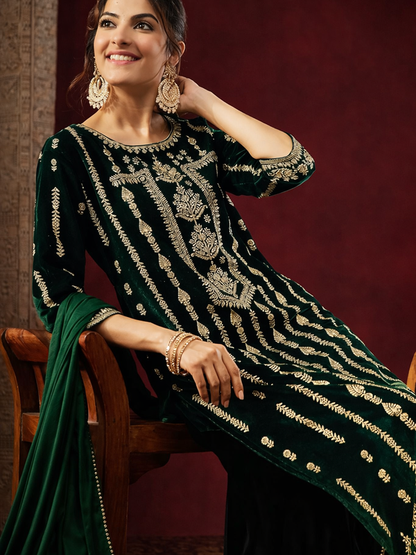 Women's Bottol Green Velvet Embellished Gold Printed Straight Kurta Set