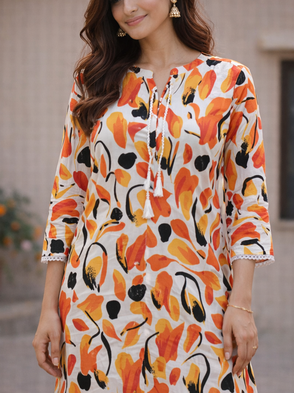 White & Red Abstract Floral Printed Straight Kurti for Women