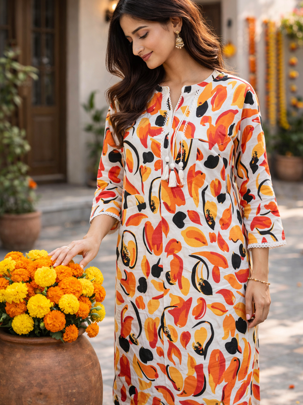 White & Red Abstract Floral Printed Straight Kurti for Women