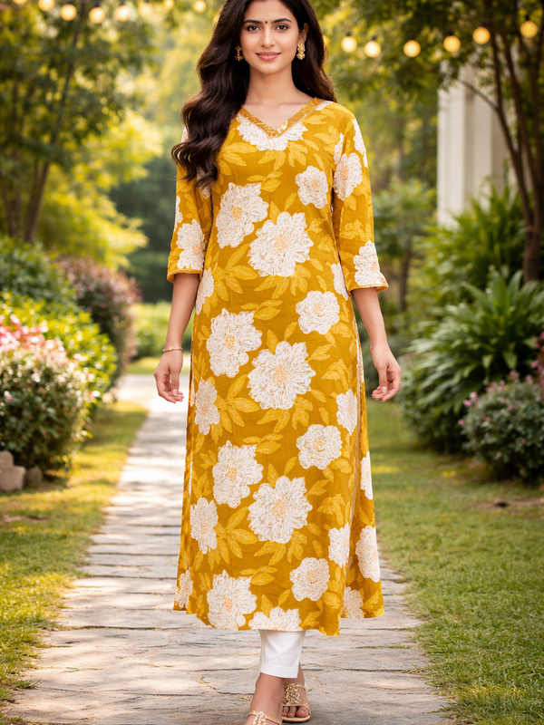 Mustard Yellow Floral Pirinted Straight Kurti for Women with V-Neck