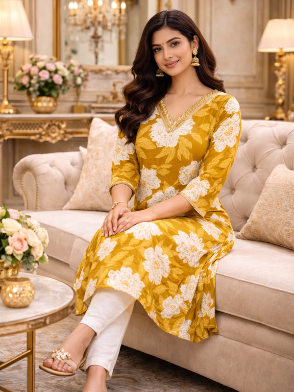 Mustard Yellow Floral Pirinted Straight Kurti for Women with V-Neck