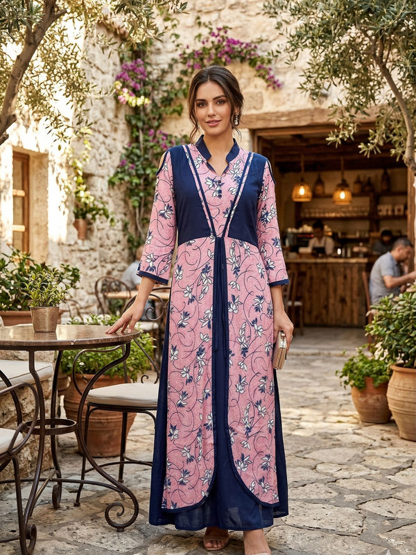 Pink Floral Longline Kurti with Navy Blue Inner Layer & Cold Shoulder Sleeves