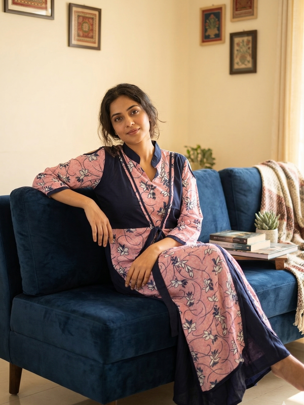 Pink Floral Longline Kurti with Navy Blue Inner Layer & Cold Shoulder Sleeves