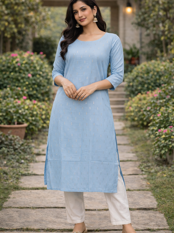 Women Blue Printed Straight Kurta with Subtle Foil Work & Round Neck