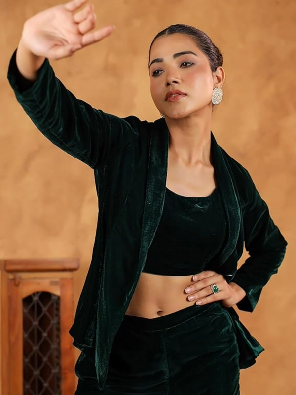 Green Velvet Solid Top,Bottom & Jacket  for Women
