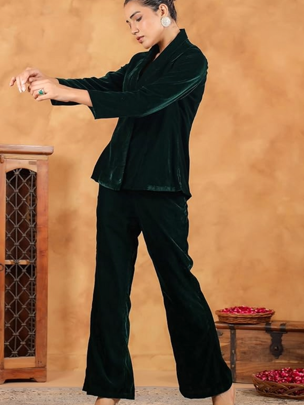 Green Velvet Solid Top,Bottom & Jacket  for Women