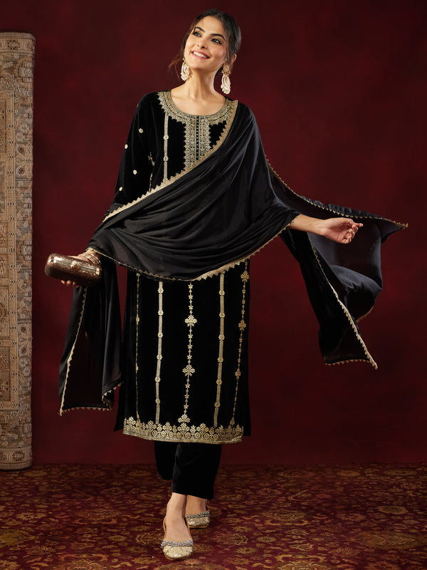 Women's Black Velvet Gold Foil Printed Straight Kurta Set