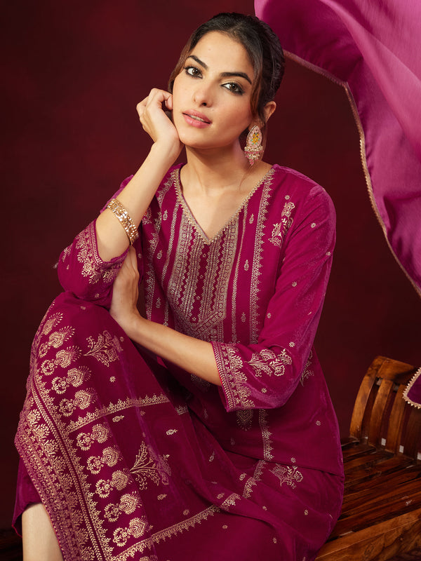 Women's Pink Velvet Embellished Gold Printed Straight Kurta Set
