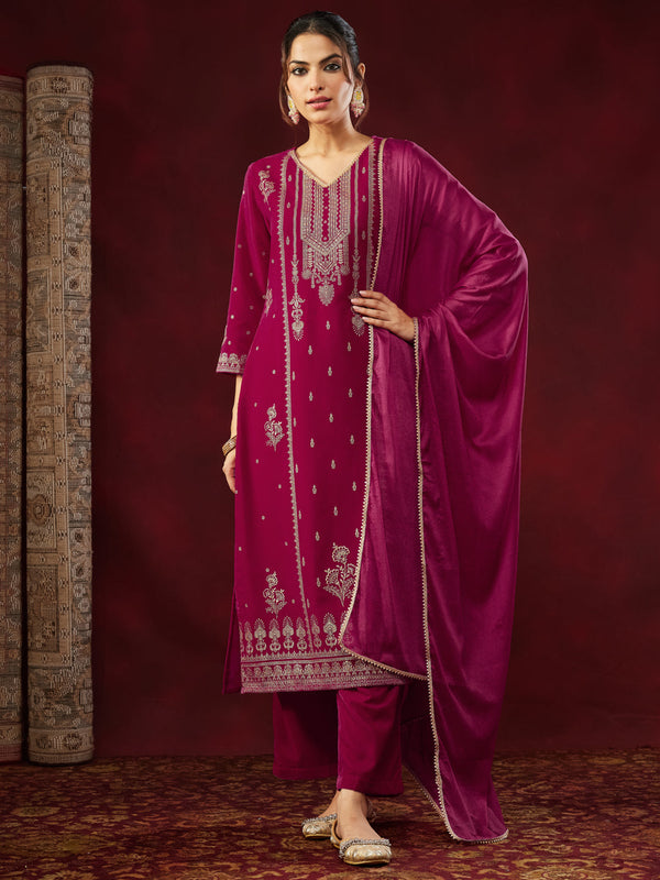 Women's Pink Velvet Embellished Gold Printed Straight Kurta Set