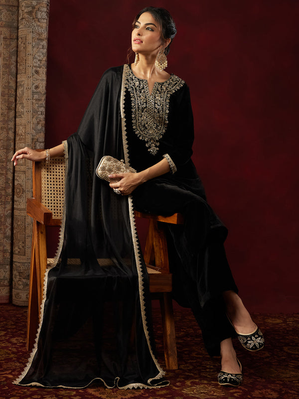 Women's Black Velvet Zari Yoke Embroidered Straight Kurta Set