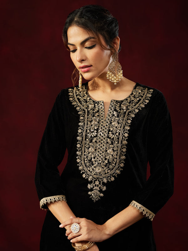 Women's Black Velvet Zari Yoke Embroidered Straight Kurta Set