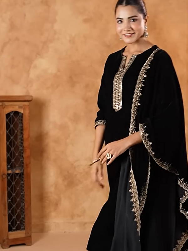 Women's Velvet Zari Embroidered Straight Kurta Set